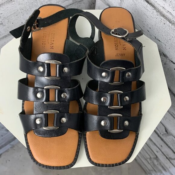 Vintage 90s Fishermans Sandals Black Leather Square Toe Low Block Heel - Picture 7 of 11